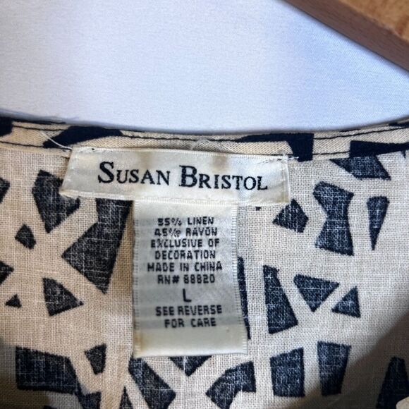 Susan Bristol Bold Black Tan Abstract Geo Print Linen Blend Tank Blouse Size LRG - Picture 4 of 6